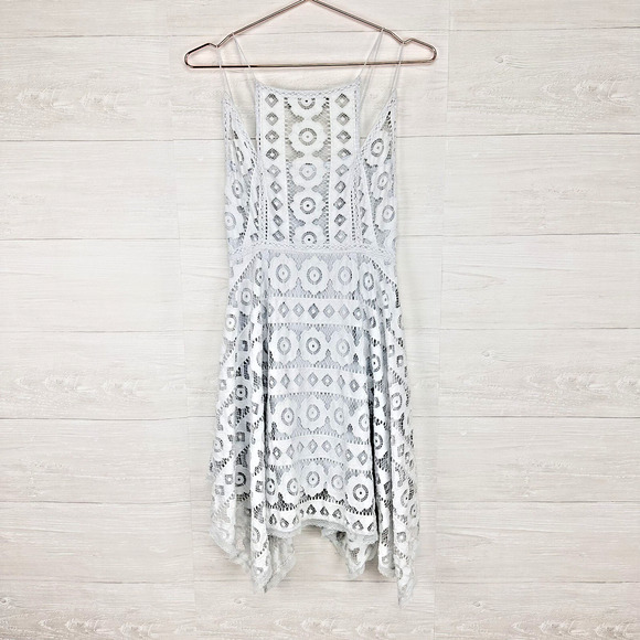 Free People Lace Dress Size 8 Just Like Honey Ice Blue Asymmetric Coquette Fairy - Picture 15 of 16